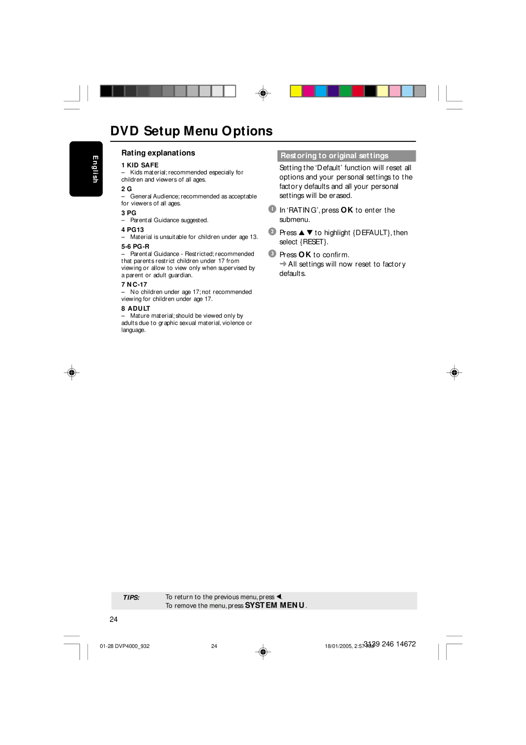 Philips DVP4000 user manual Rating explanations, Restoring to original settings 