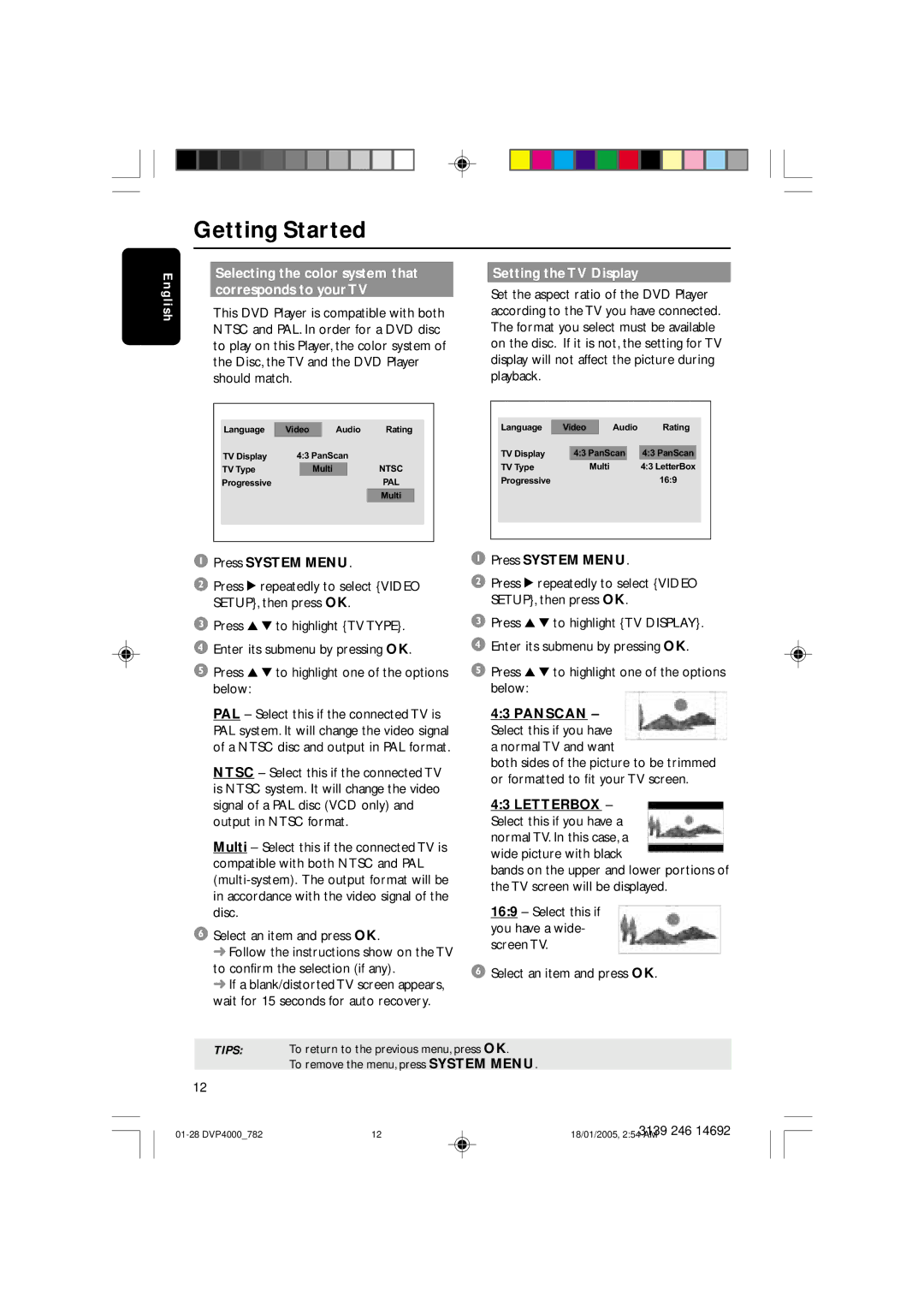 Philips DVP4000/78 Selecting the color system that corresponds to your TV, Setting the TV Display, Press System Menu 