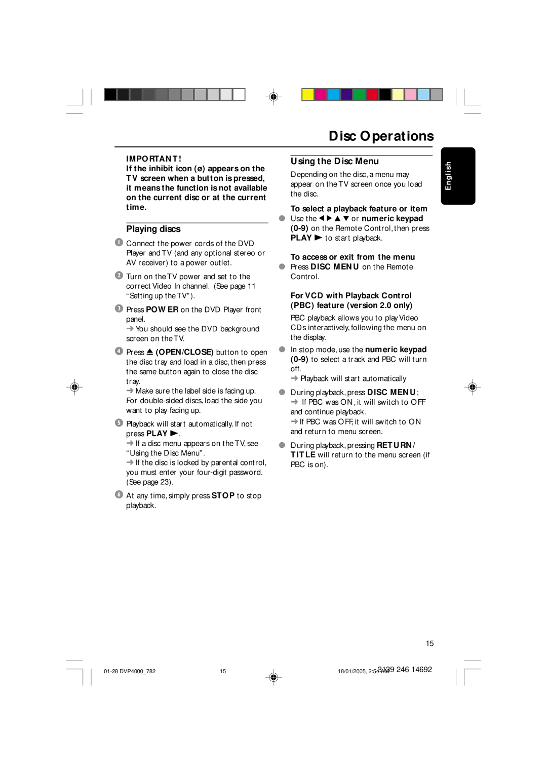 Philips DVP4000/78 user manual Playing discs, Using the Disc Menu, To select a playback feature or item 