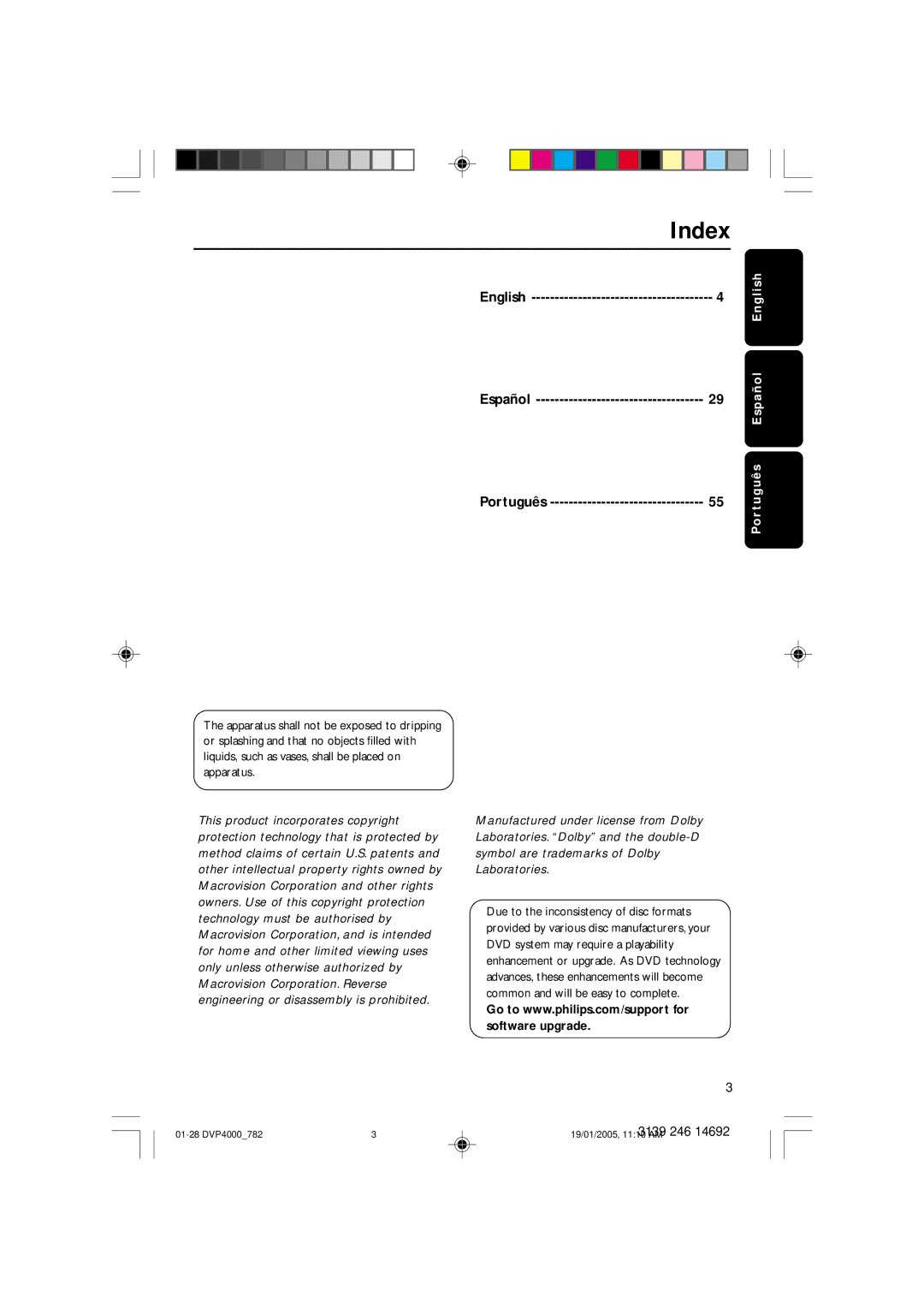 Philips DVP4000/78 user manual Index, English Español Português 