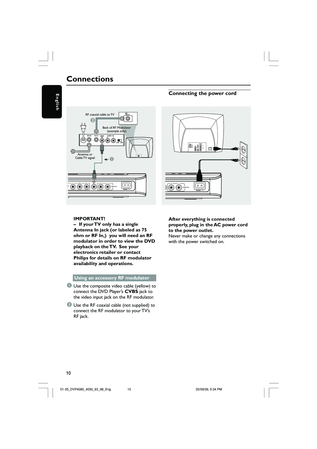 Philips DVP4090, DVP4080 quick start Connecting the power cord, Using an accessory RF modulator 