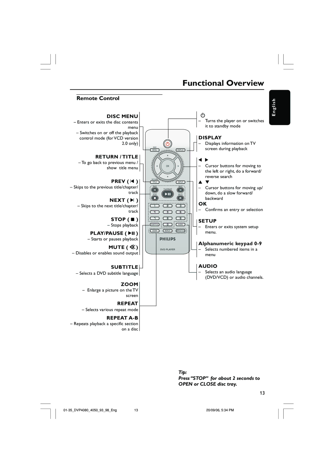 Philips DVP4080, DVP4090 quick start Remote Control 