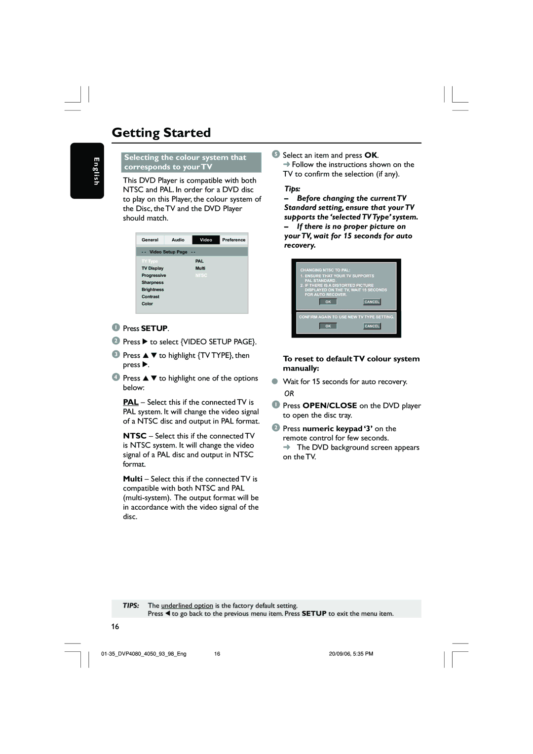 Philips DVP4090 Selecting the colour system that corresponds to your TV, To reset to default TV colour system manually 