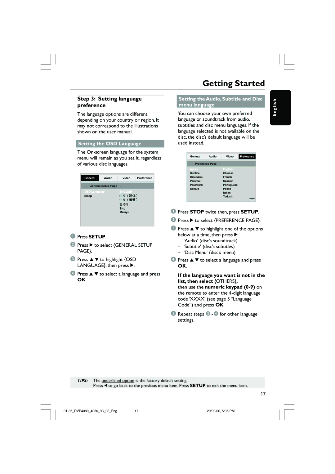 Philips DVP4080 Setting language preference, Setting the OSD Language, Setting the Audio, Subtitle and Disc menu language 