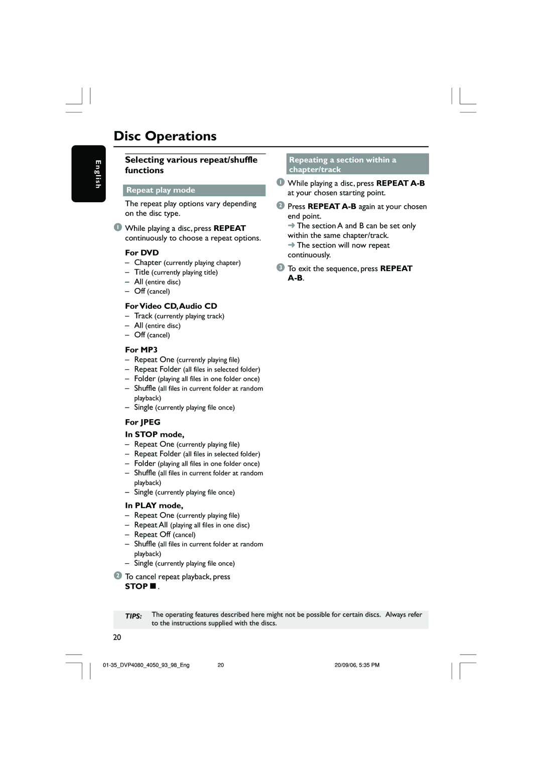 Philips DVP4090, DVP4080 quick start Selecting various repeat/shuffle functions, Repeat play mode, Stopç 