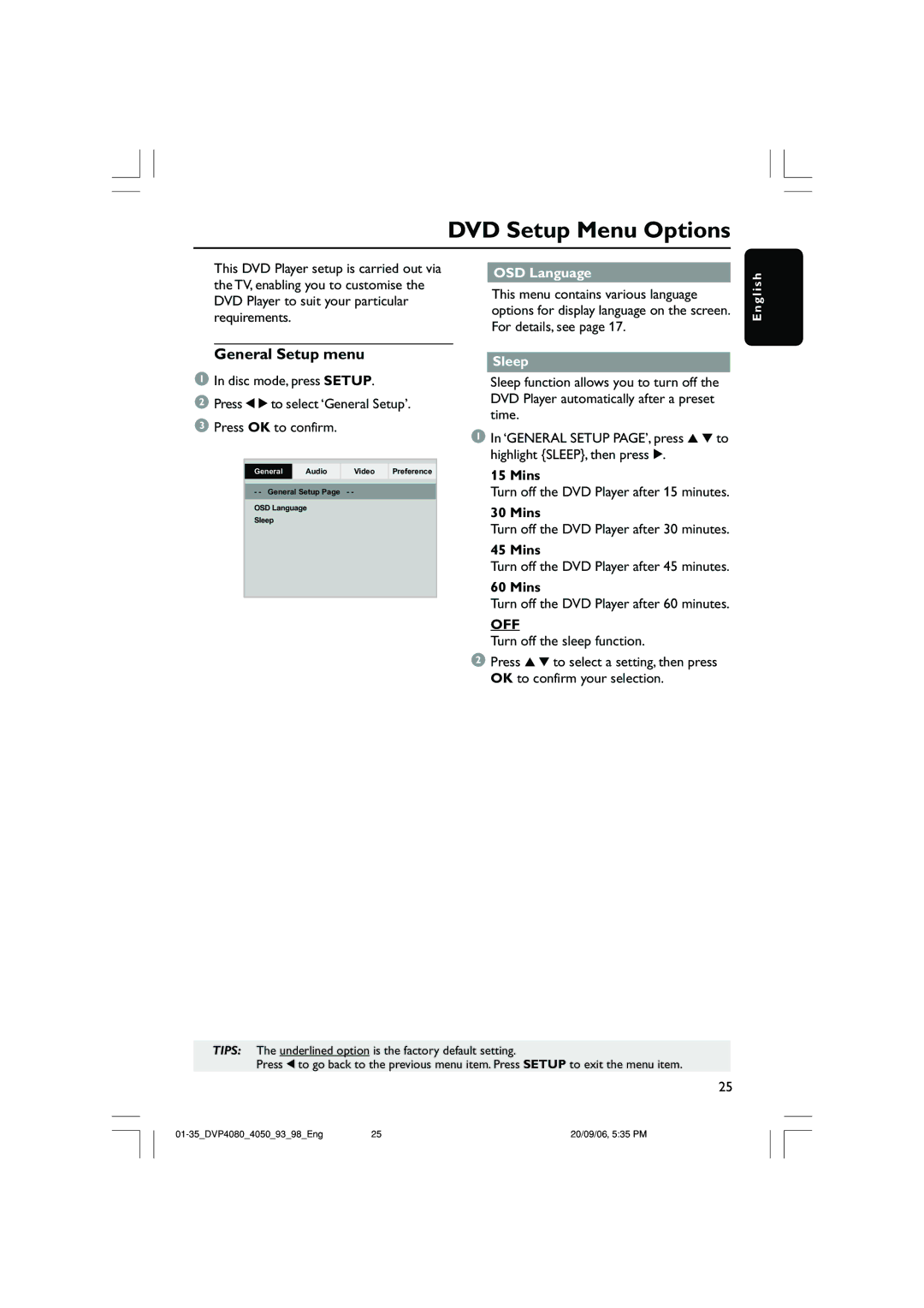 Philips DVP4080, DVP4090 quick start DVD Setup Menu Options, General Setup menu, OSD Language, Sleep, Off 