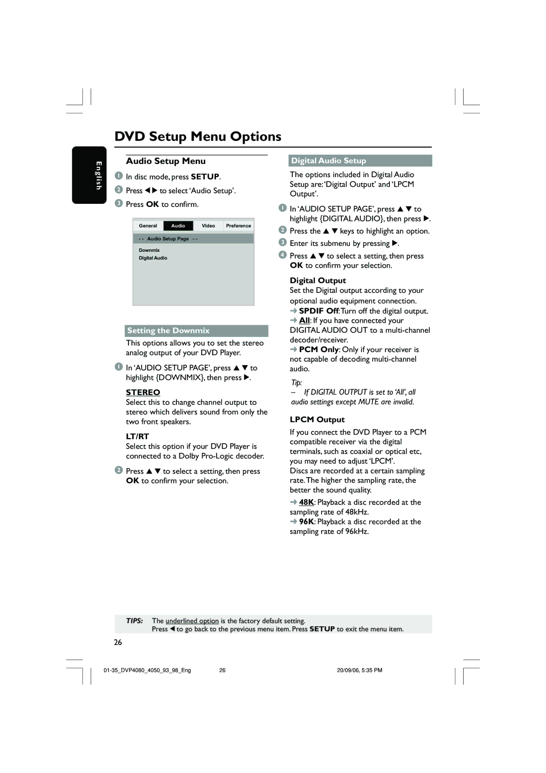 Philips DVP4090, DVP4080 quick start Audio Setup Menu, Setting the Downmix, Stereo, Lt/Rt, Digital Audio Setup 