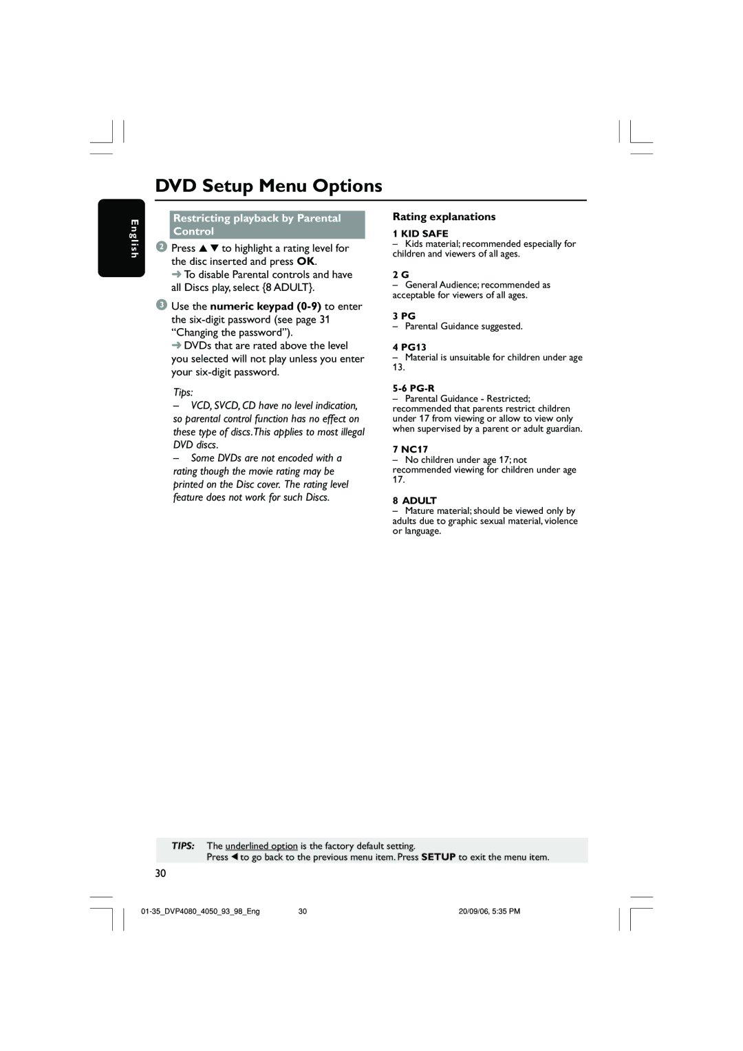 Philips DVP4090, DVP4080 quick start Rating explanations, KID Safe 