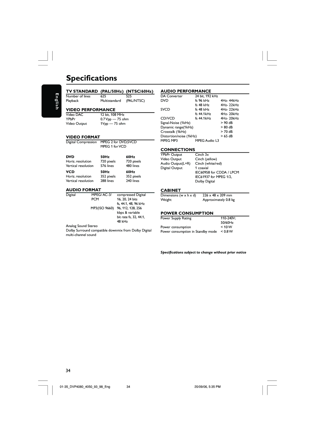 Philips DVP4090, DVP4080 quick start Specifications, Video Format 