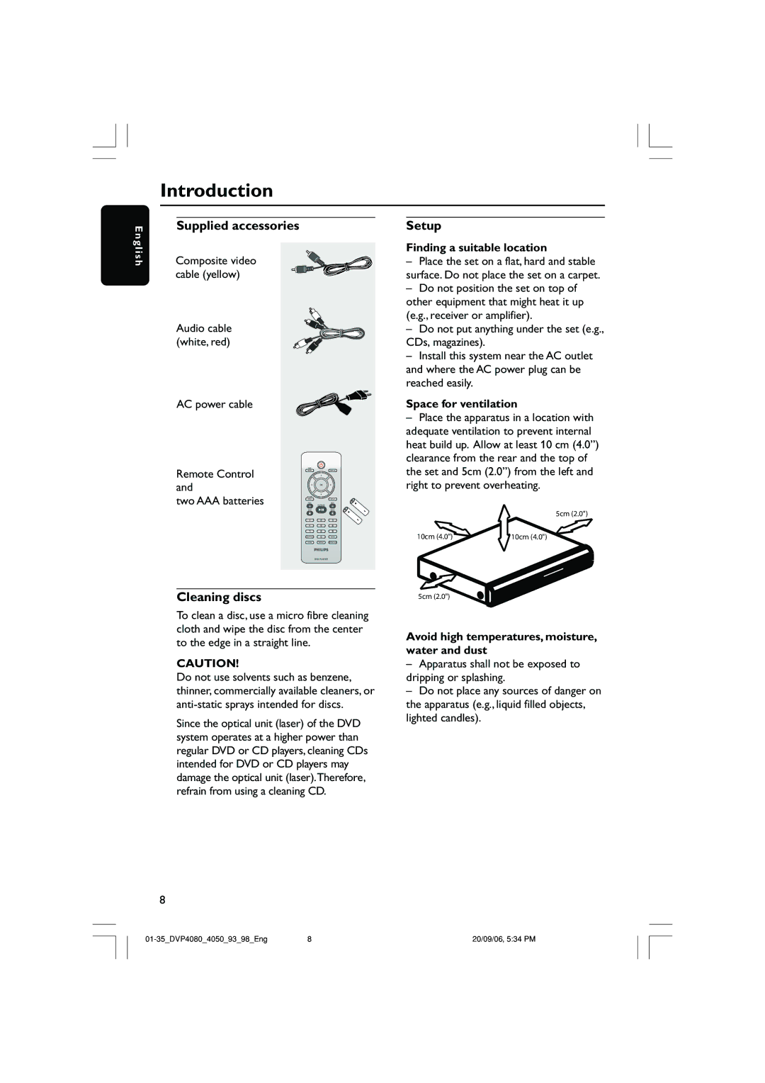 Philips DVP4090, DVP4080 quick start Introduction, Supplied accessories, Setup, Cleaning discs 