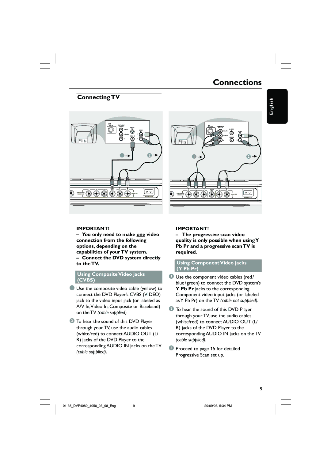 Philips DVP4080, DVP4090 quick start Connections, Using Composite Video jacks Cvbs, Using Component Video jacks Y Pb Pr 