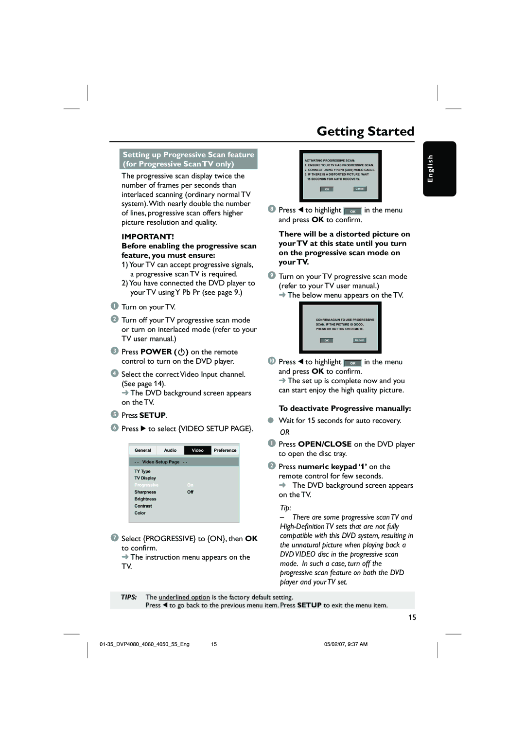 Philips DVP4060, DVP4090/55 quick start Press 1 to highlight, To deactivate Progressive manually 