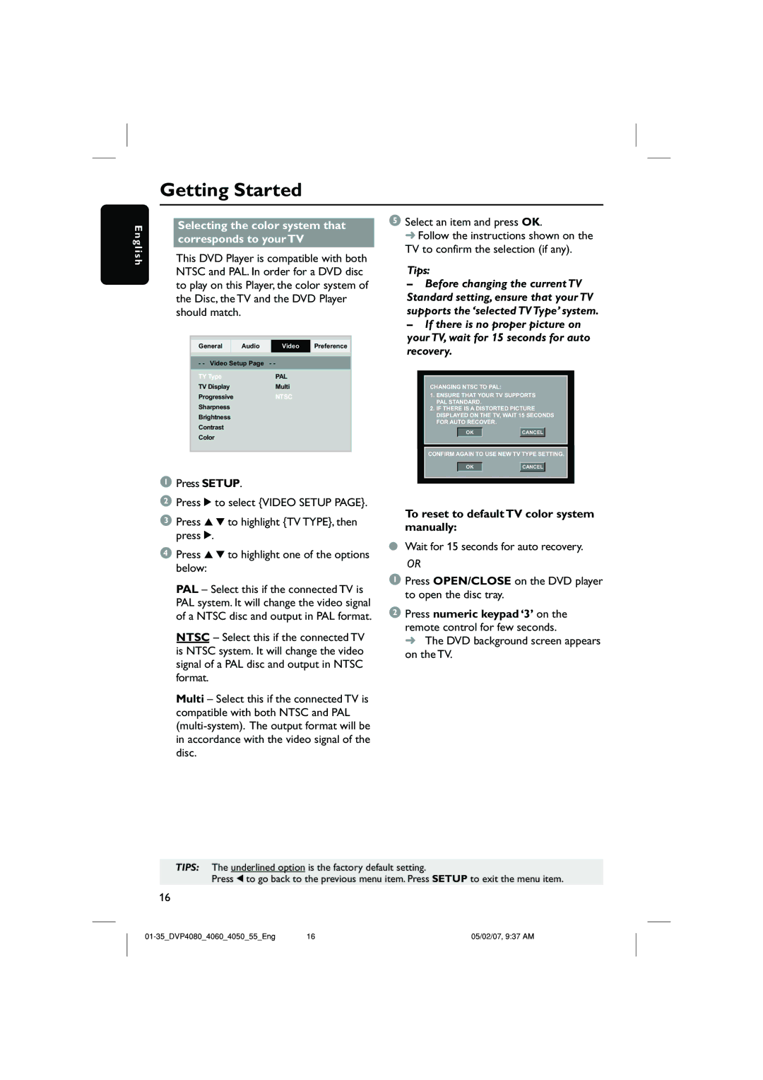 Philips DVP4090/55 Selecting the color system that corresponds to your TV, To reset to default TV color system manually 