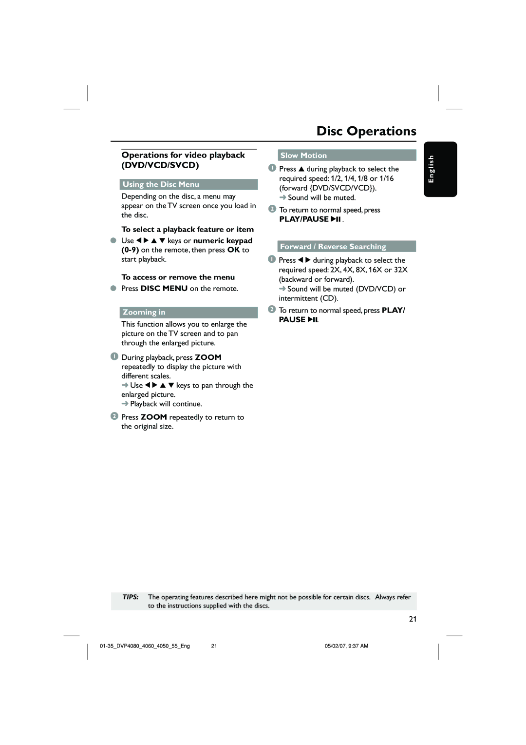 Philips DVP4060, DVP4090/55 Operations for video playback DVD/VCD/SVCD, Using the Disc Menu, Zooming, Slow Motion 