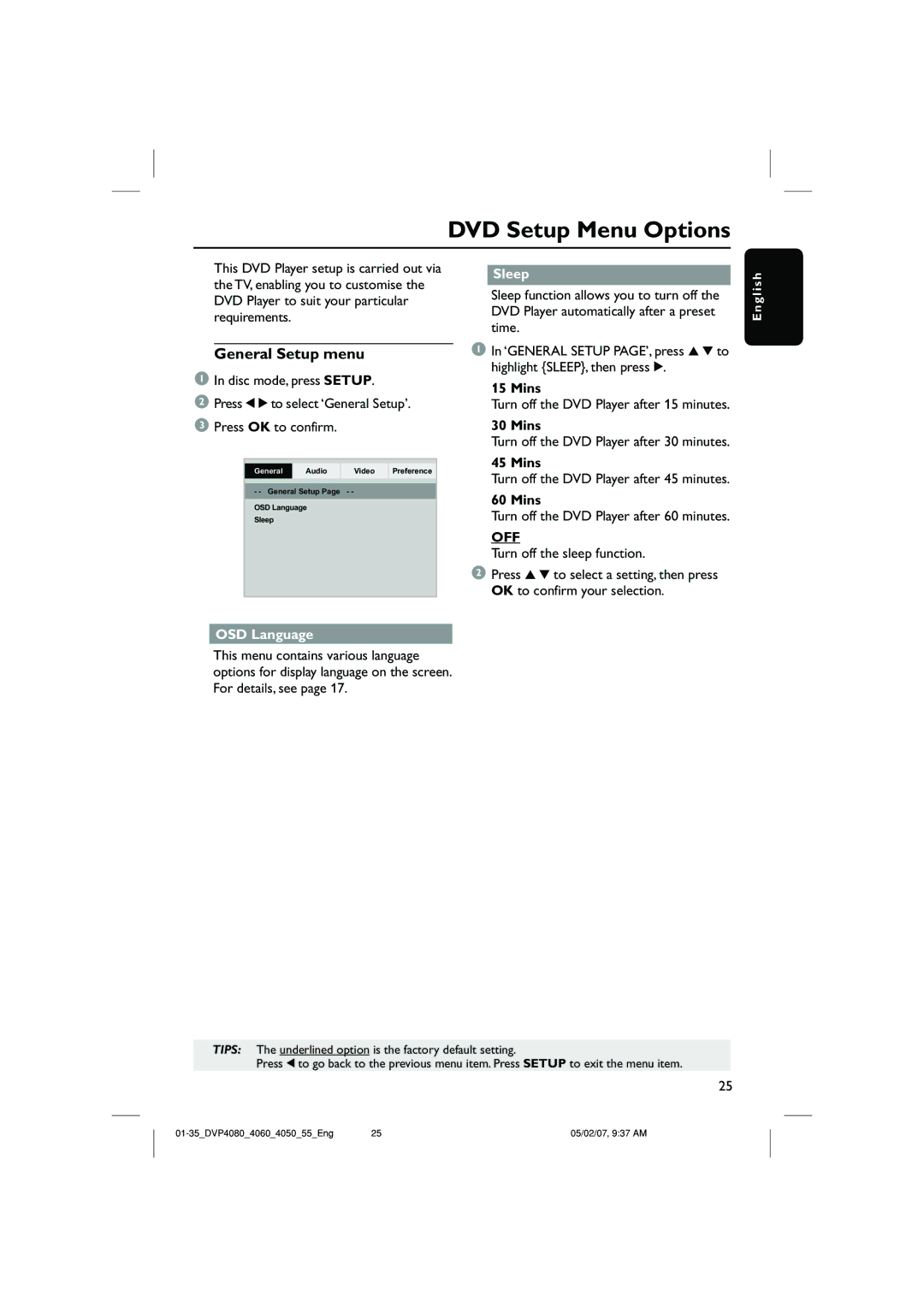 Philips DVP4060, DVP4090/55 quick start DVD Setup Menu Options, General Setup menu, OSD Language, Sleep, Off 