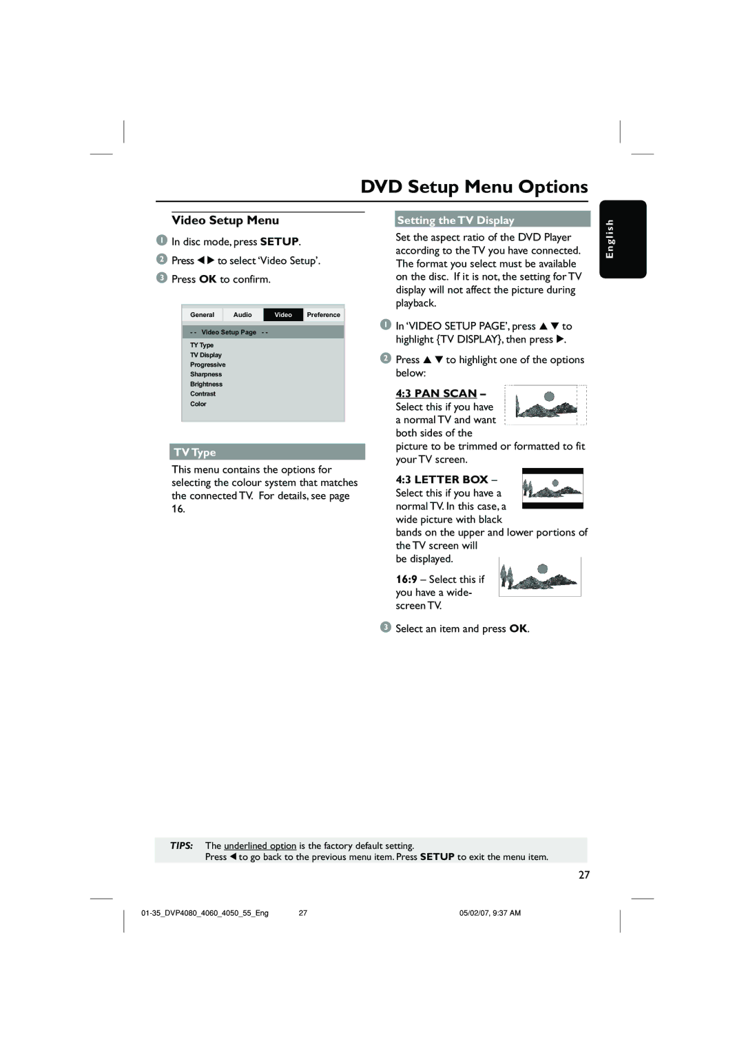 Philips DVP4060, DVP4090/55 quick start Video Setup Menu, TV Type, Setting the TV Display 