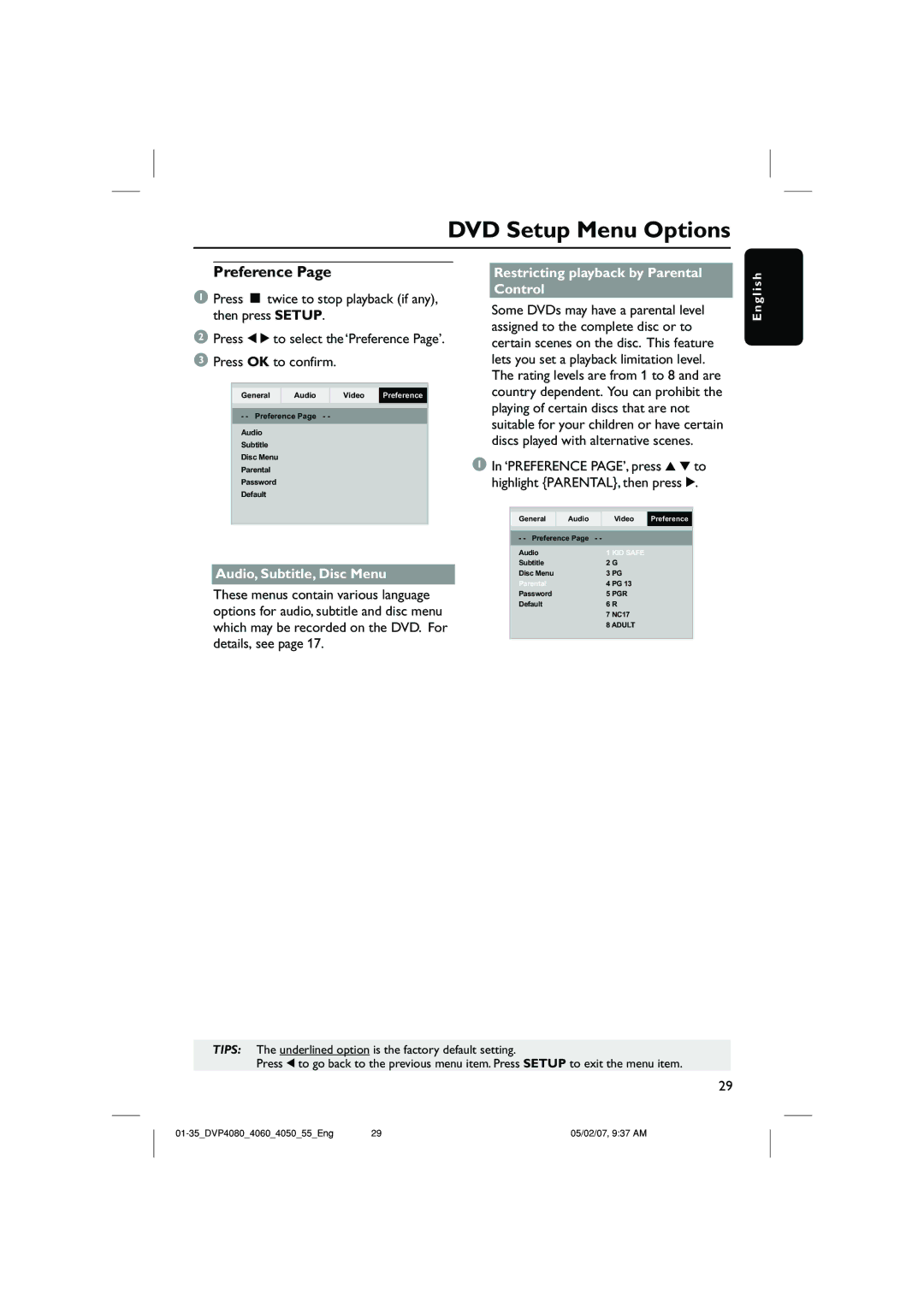 Philips DVP4060, DVP4090/55 quick start Preference, Audio, Subtitle, Disc Menu, Restricting playback by Parental Control 