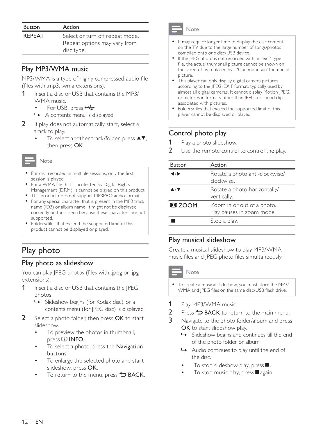 Philips DVP4320 user manual Play MP3/WMA music, Play photo as slideshow, Control photo play, Play musical slideshow 