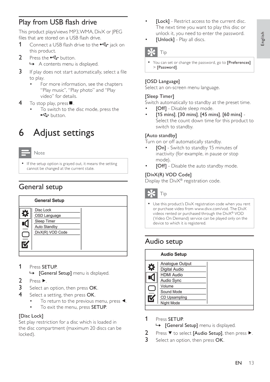 Philips DVP4320 user manual Adjust settings, General setup, Audio setup 