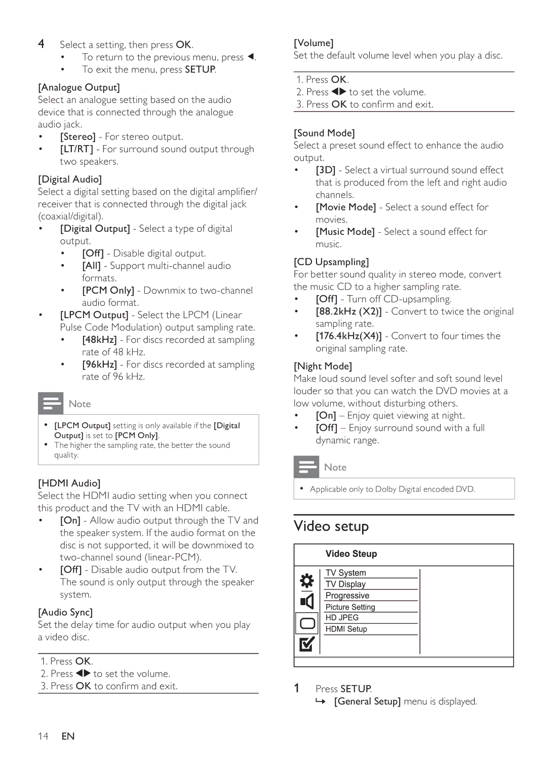 Philips DVP4320 user manual Video setup 