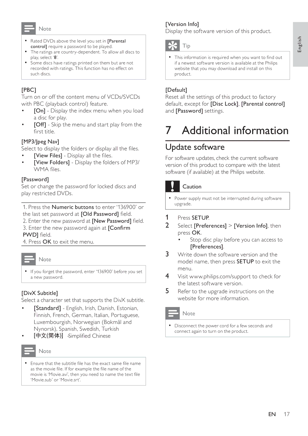 Philips DVP4320 user manual Additional information, Update software 