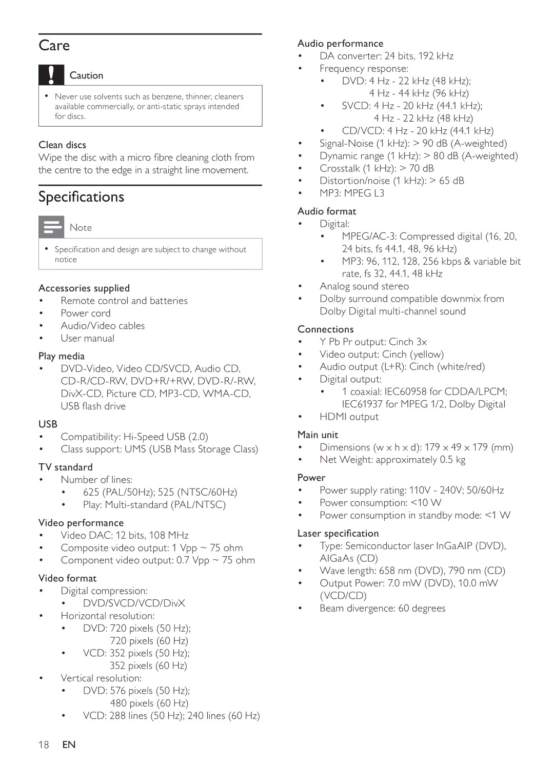 Philips DVP4320 user manual Care 