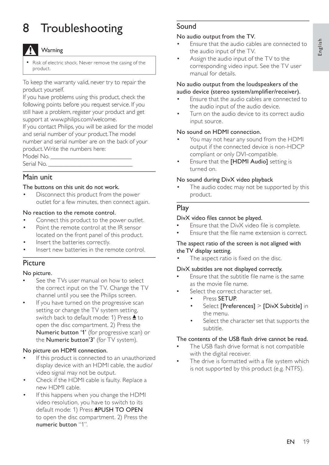 Philips DVP4320 user manual Troubleshooting, Picture, Sound, Play 