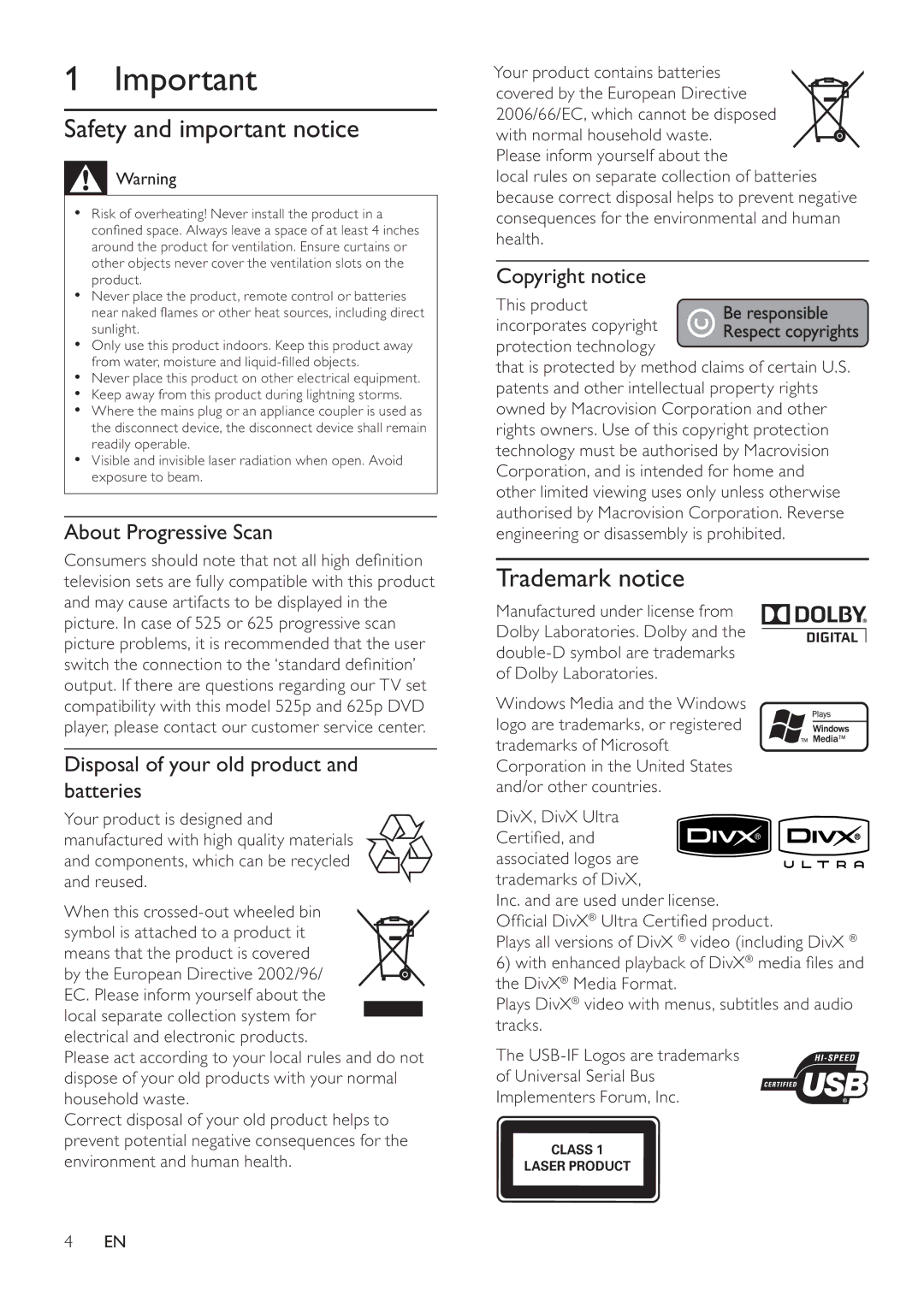 Philips DVP4320 user manual Safety and important notice, Trademark notice, About Progressive Scan, Copyright notice 