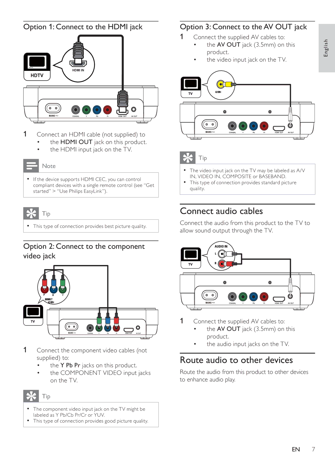 Philips DVP4320 user manual Connect audio cables, Route audio to other devices, Option 1 Connect to the Hdmi jack, Surgxfw 