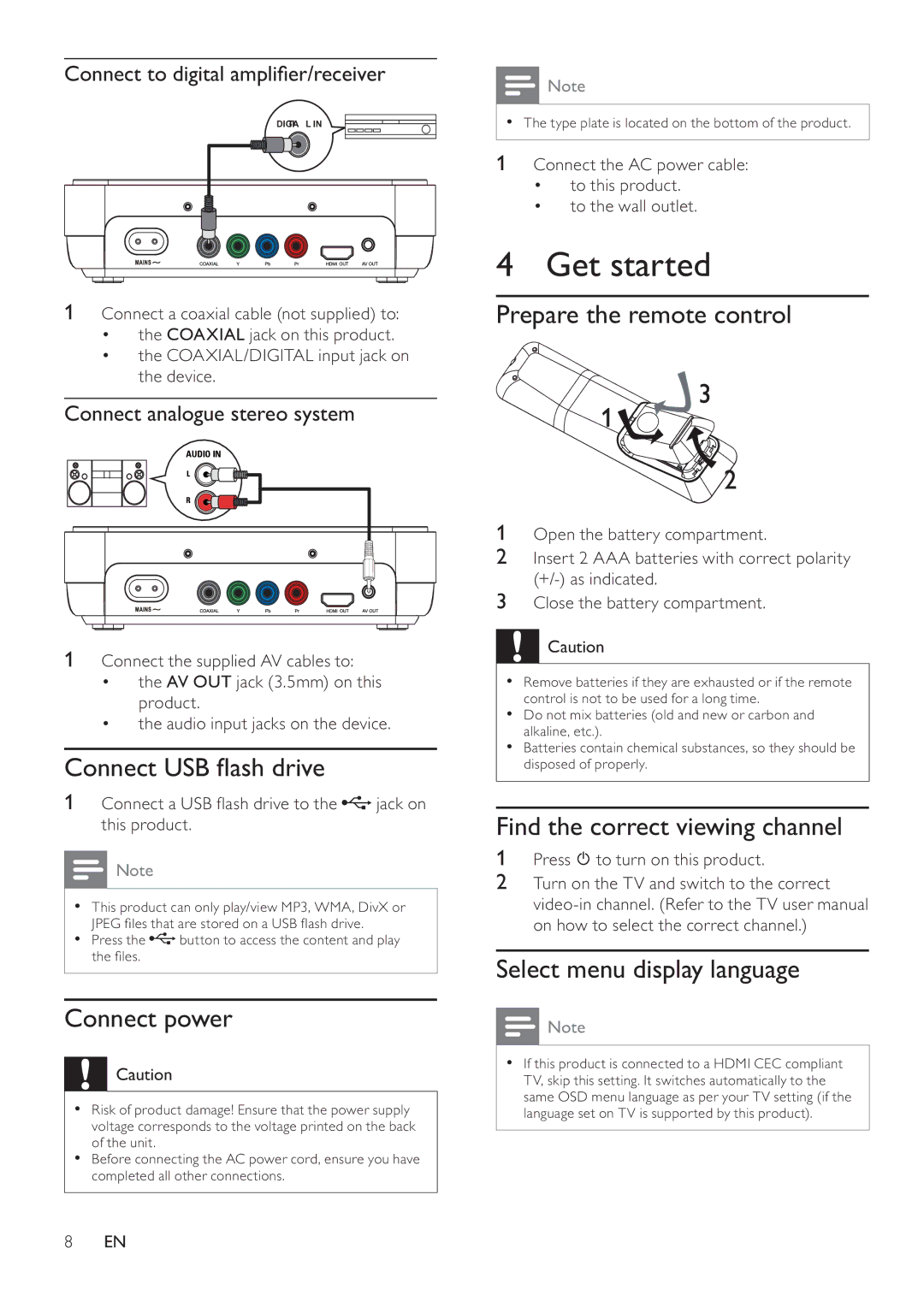 Philips DVP4320 user manual Get started, Connect power, Prepare the remote control, Find the correct viewing channel 