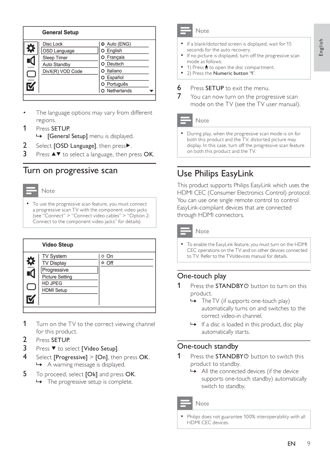 Philips DVP4320 user manual Turn on progressive scan, Use Philips EasyLink, One-touch play, One-touch standby 