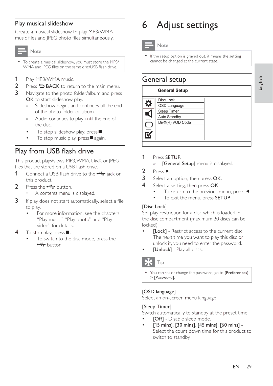 Philips DVP4320BL/93 user manual Adjust settings, General setup, Play musical slideshow, ‡ Unlock Play all discs 