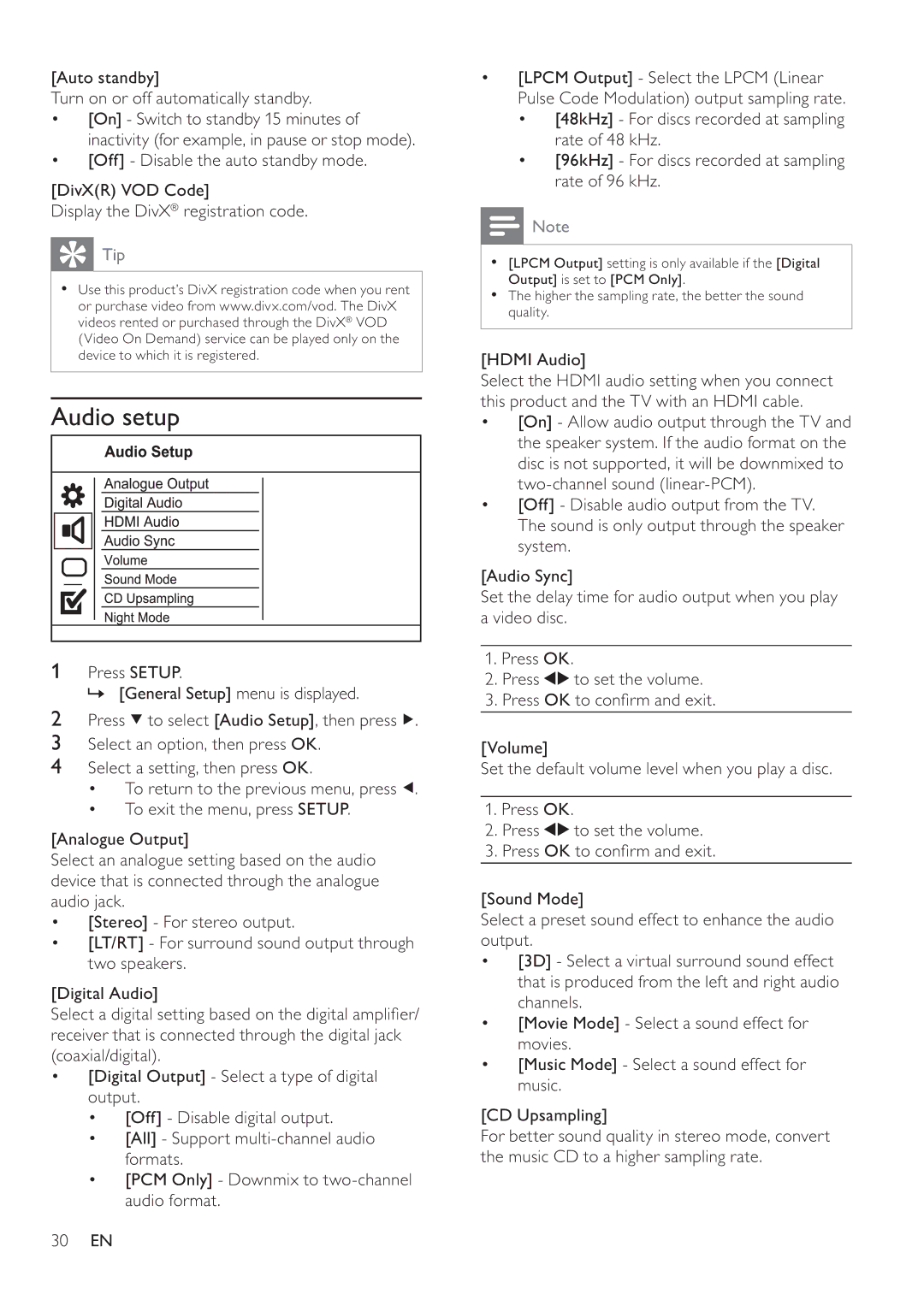 Philips DVP4320BL/93 user manual Audio setup, Auto standby Turn on or off automatically standby, Hdmi Audio 