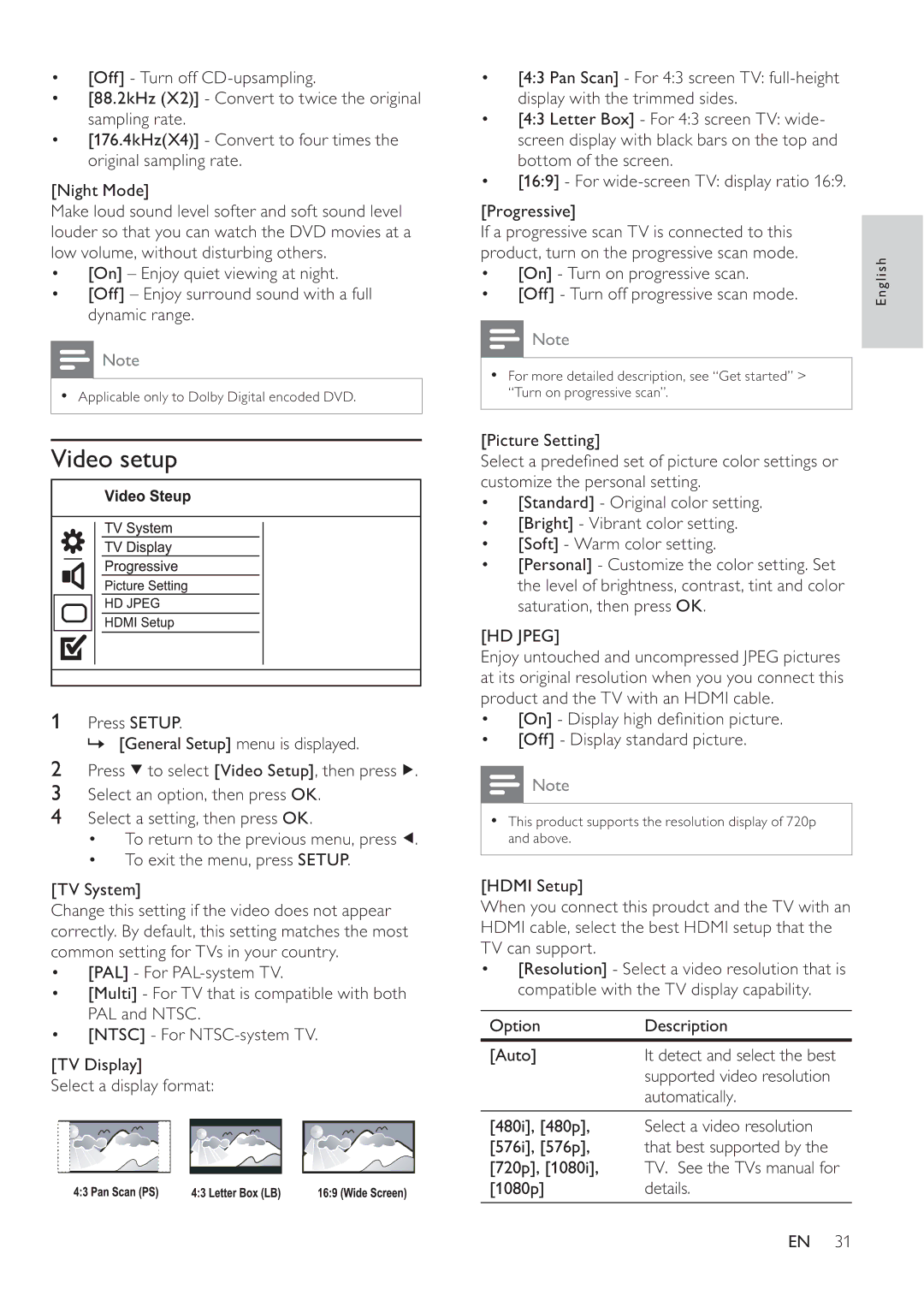 Philips DVP4320BL/93 user manual Video setup, HD Jpeg 