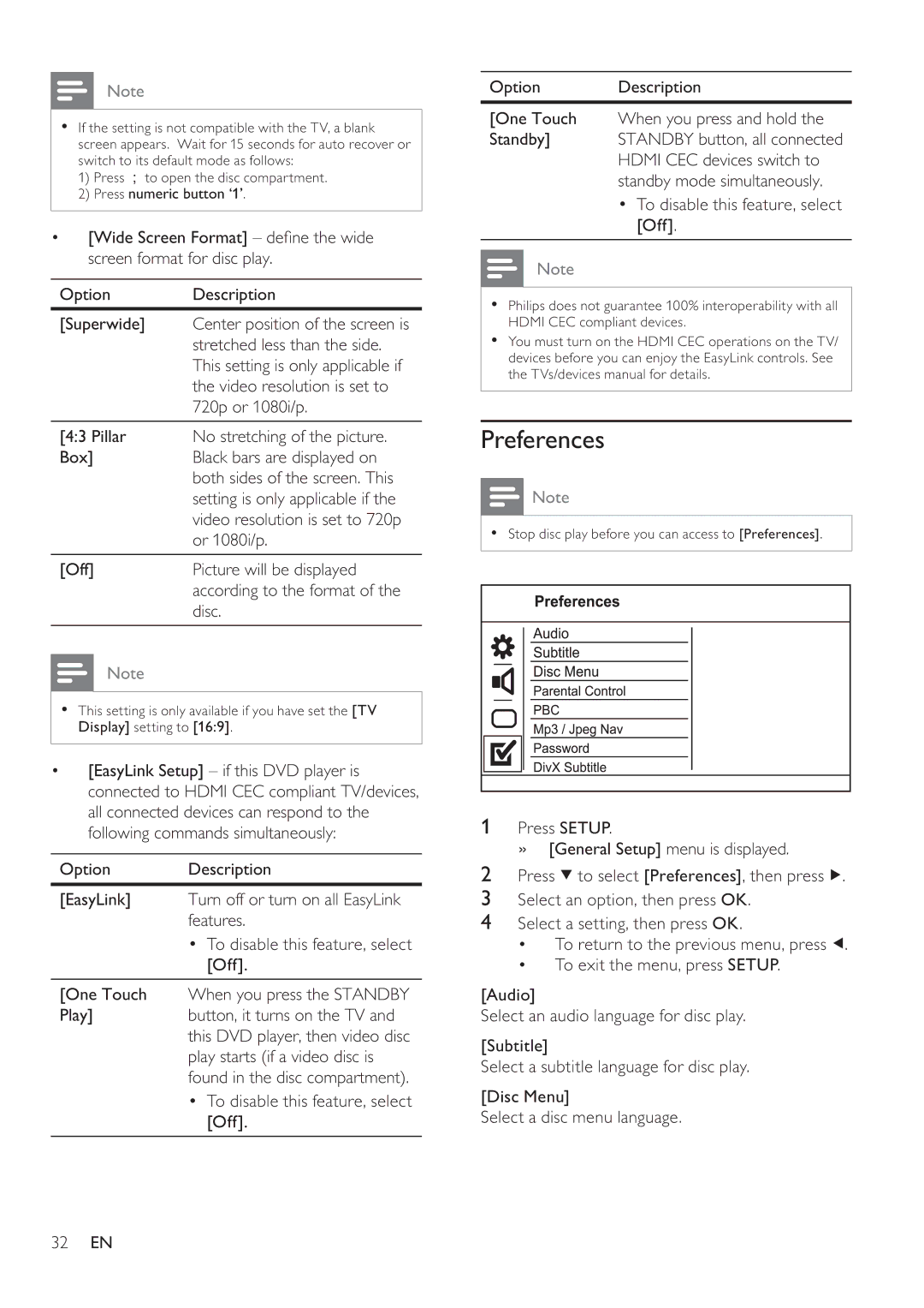 Philips DVP4320BL/93 user manual Preferences 