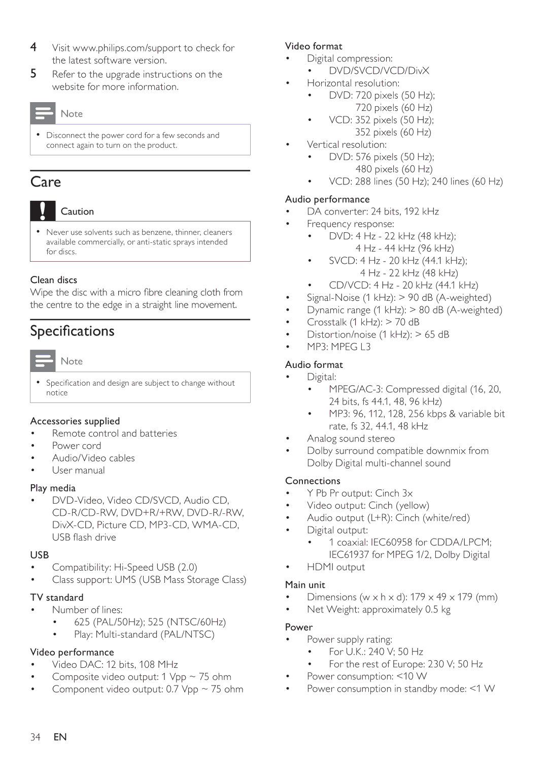 Philips DVP4320BL/93 user manual Care, Centre to the edge in a straight line movement, Usb, ‡ Vertical resolution 