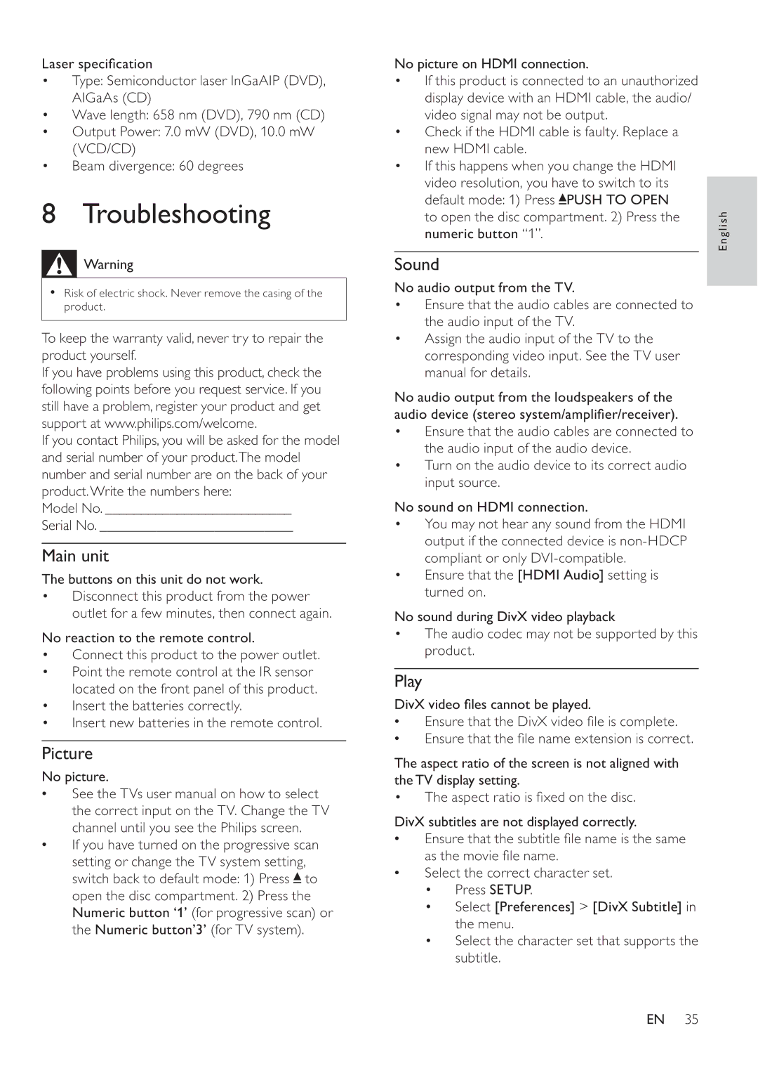 Philips DVP4320BL/93 user manual Troubleshooting, Picture, Sound, Play 