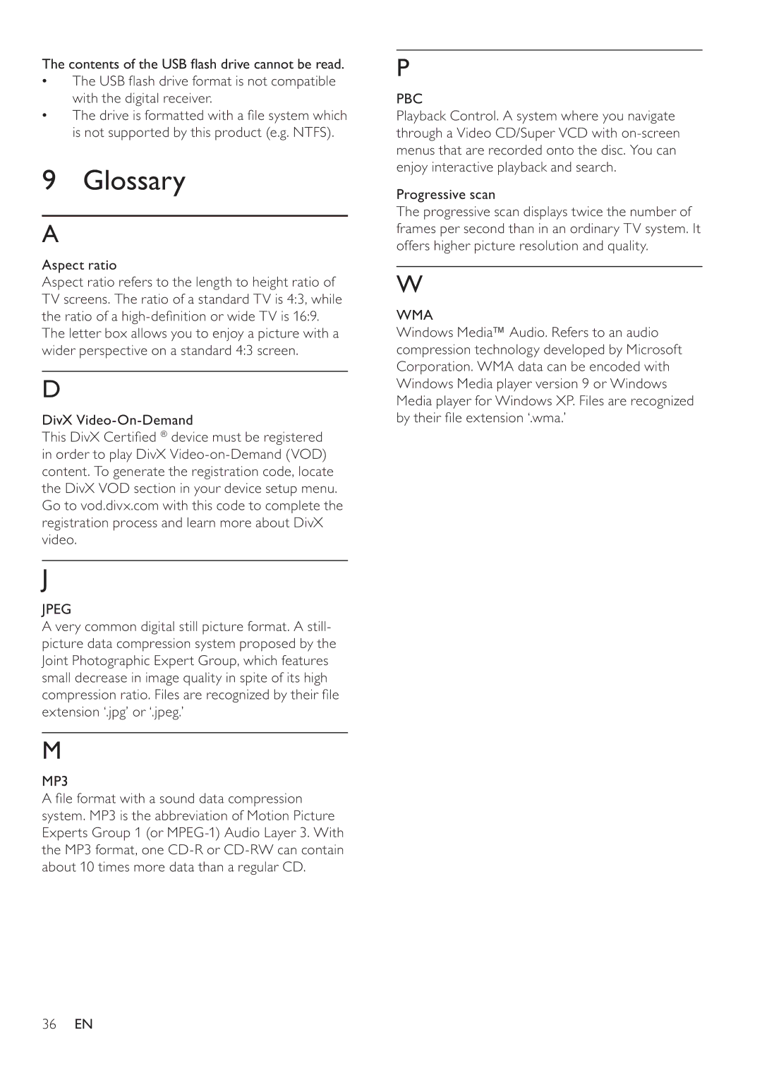 Philips DVP4320BL/93 user manual Glossary, Jpeg, MP3, Wma 