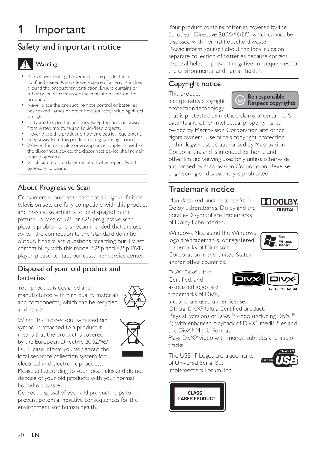 Philips DVP4320BL/93 user manual Safety and important notice, Trademark notice, About Progressive Scan, Copyright notice 