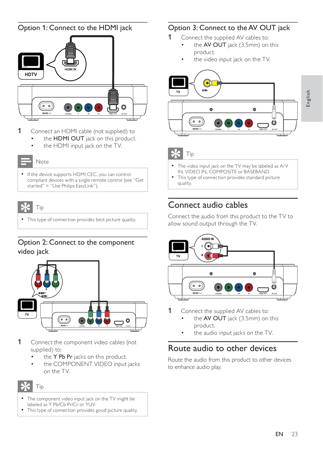 Philips DVP4320BL/93 user manual Connect audio cables, Route audio to other devices, Option 1 Connect to the Hdmi jack 