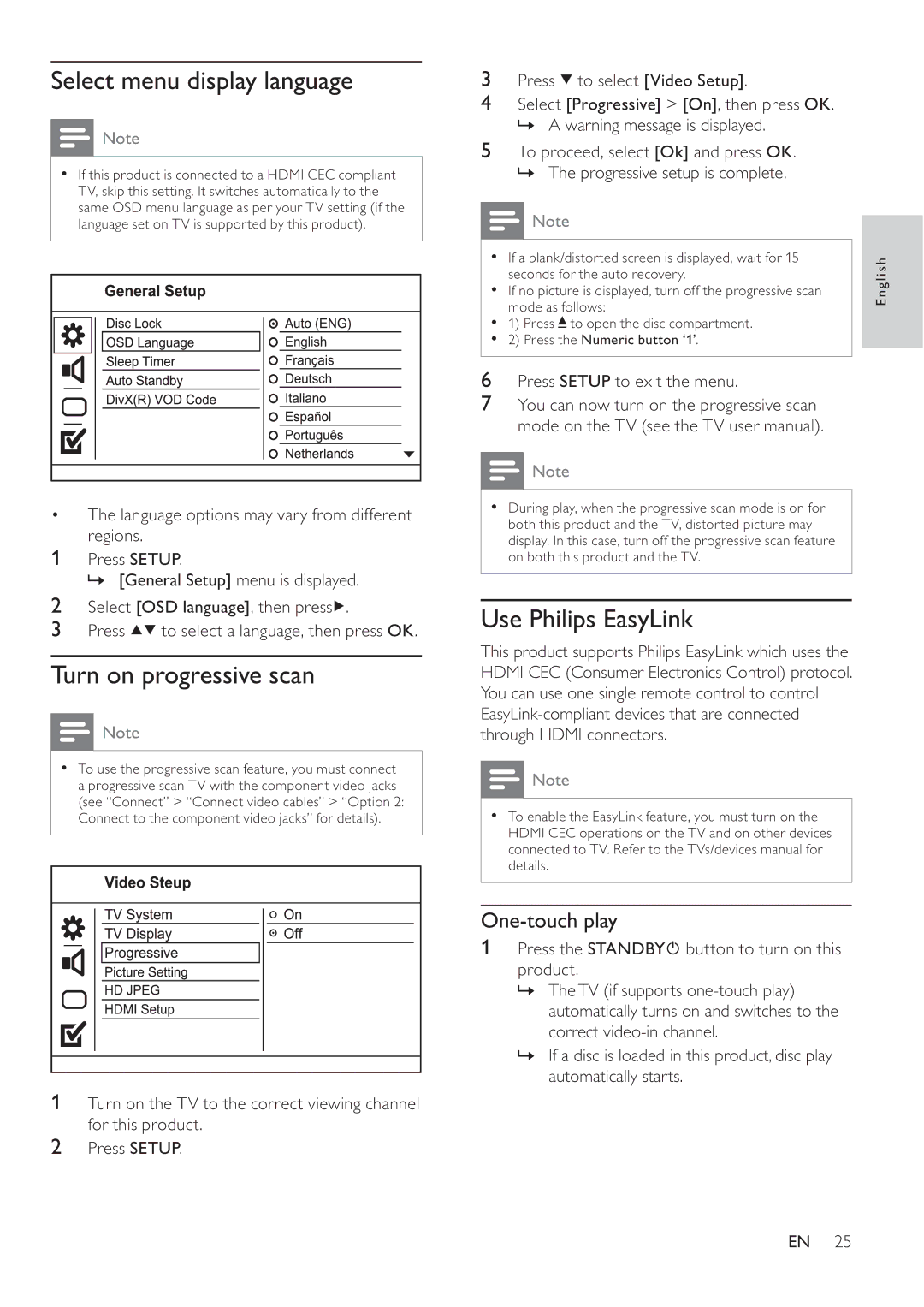 Philips DVP4320BL/93 Select menu display language, Turn on progressive scan, Use Philips EasyLink, One-touch play 