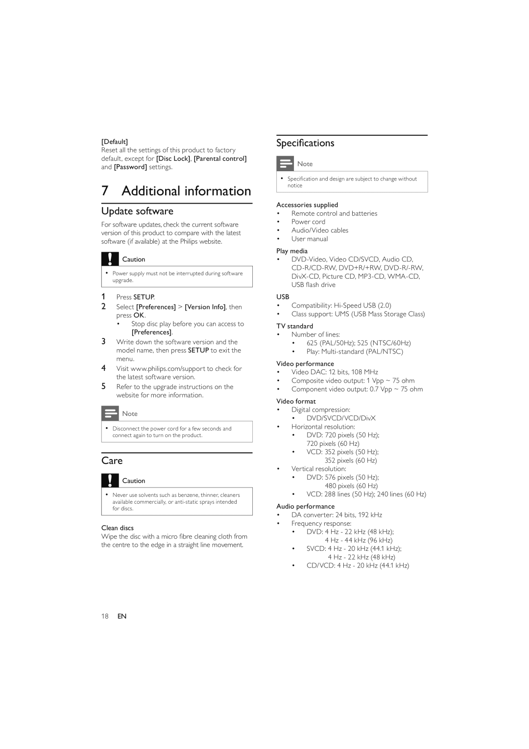 Philips DVP4320WH/12 user manual Additional information, Update software, Care, Speciﬁcations, Usb 