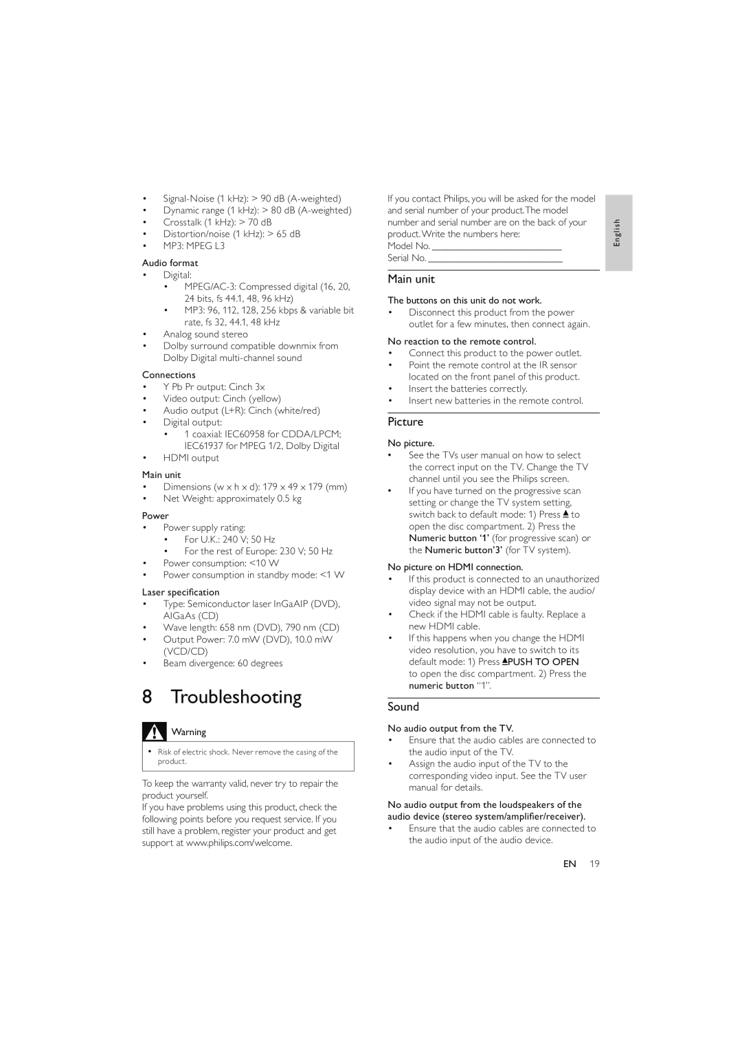 Philips DVP4320WH/12 user manual Troubleshooting, Picture, Sound 