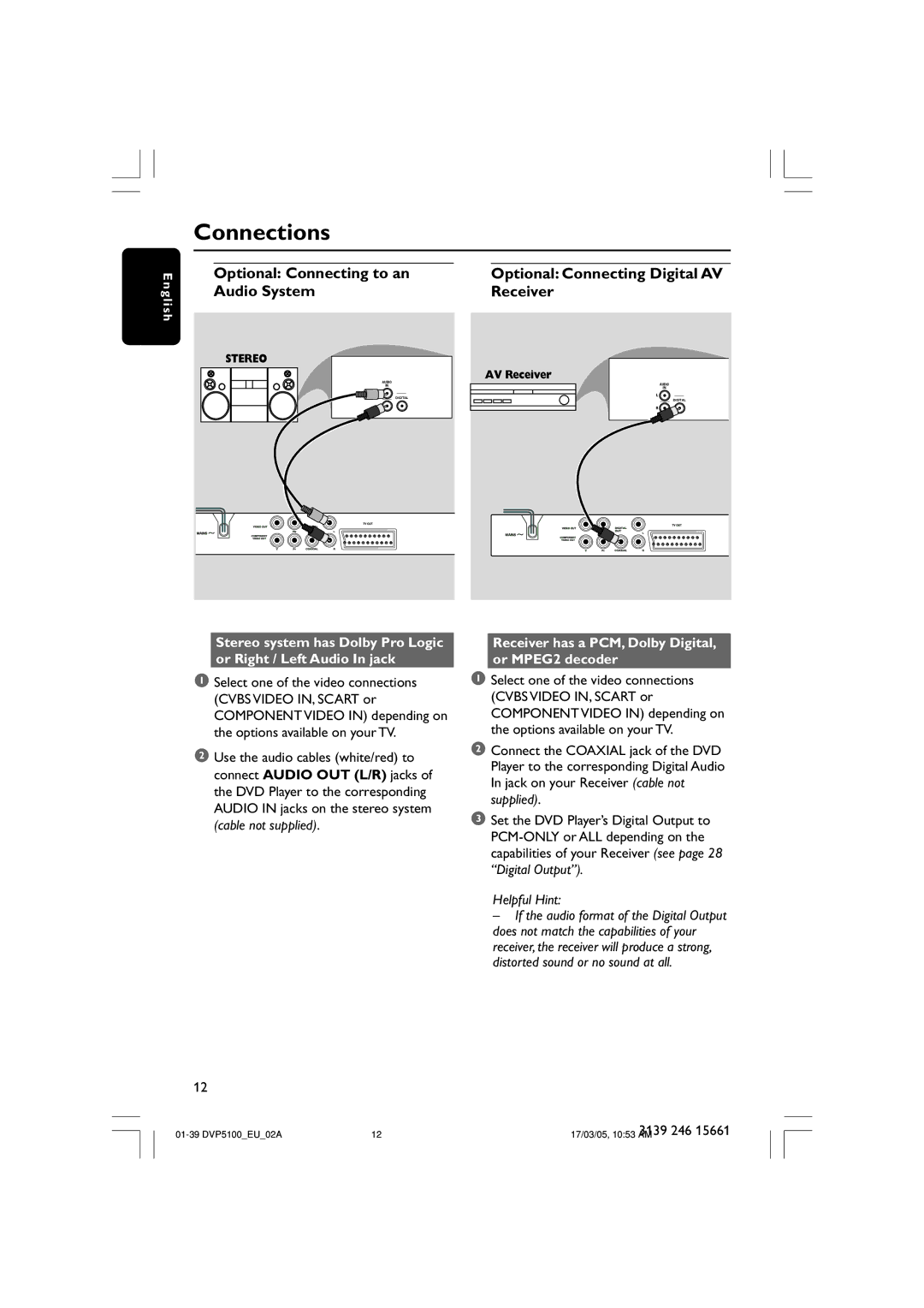 Philips DVP5100/02 user manual Optional Connecting to an Audio System, Optional Connecting Digital AV Receiver 