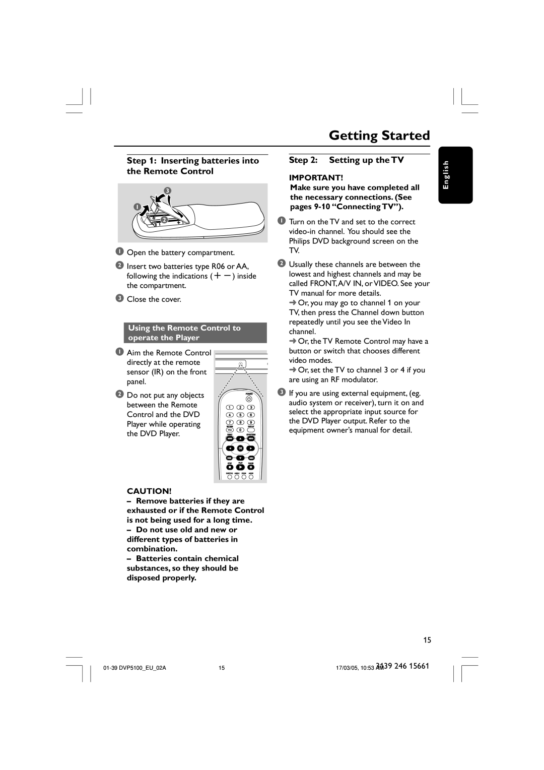 Philips DVP5100/02 user manual Getting Started, Inserting batteries into the Remote Control, Setting up the TV 