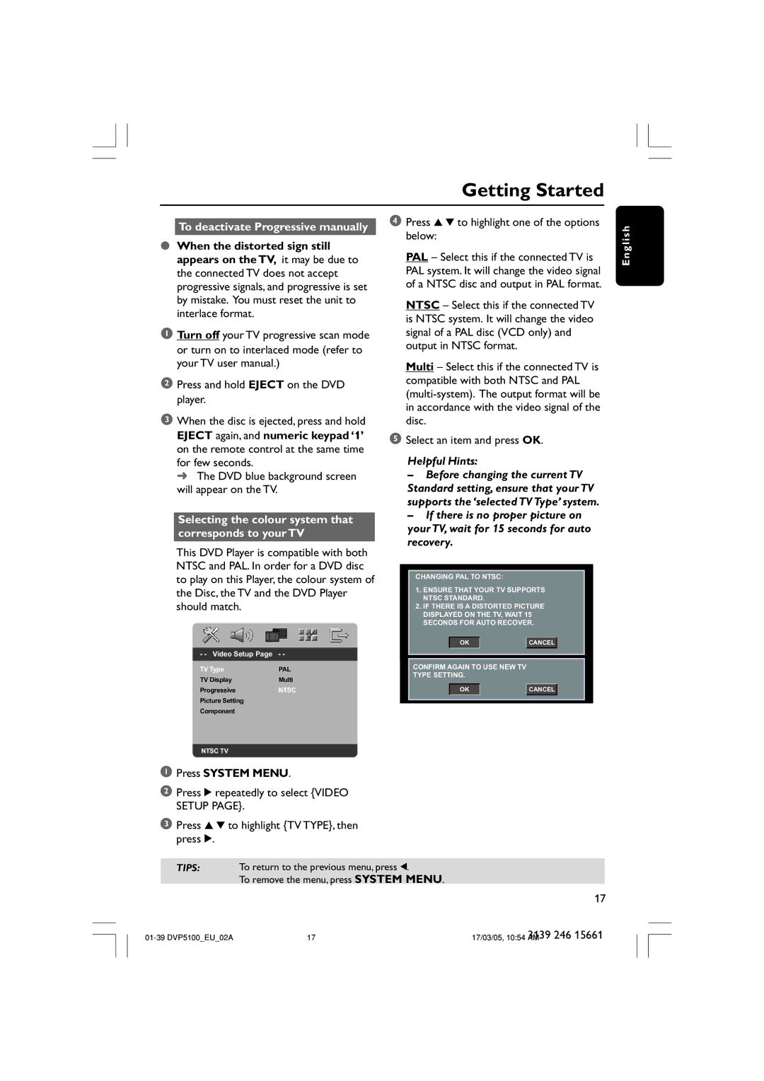 Philips DVP5100/02 user manual To deactivate Progressive manually, Selecting the colour system that corresponds to your TV 