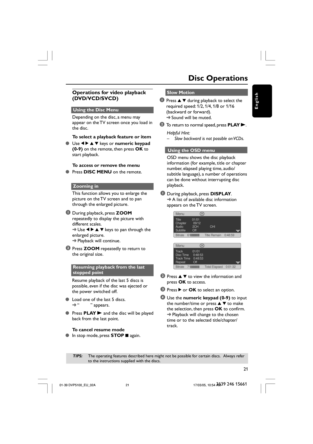 Philips DVP5100/02 user manual Operations for video playback DVD/VCD/SVCD 