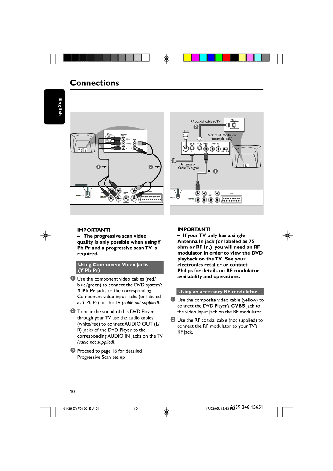 Philips DVP5100/04 user manual Using Component Video jacks Y Pb Pr, Using an accessory RF modulator 