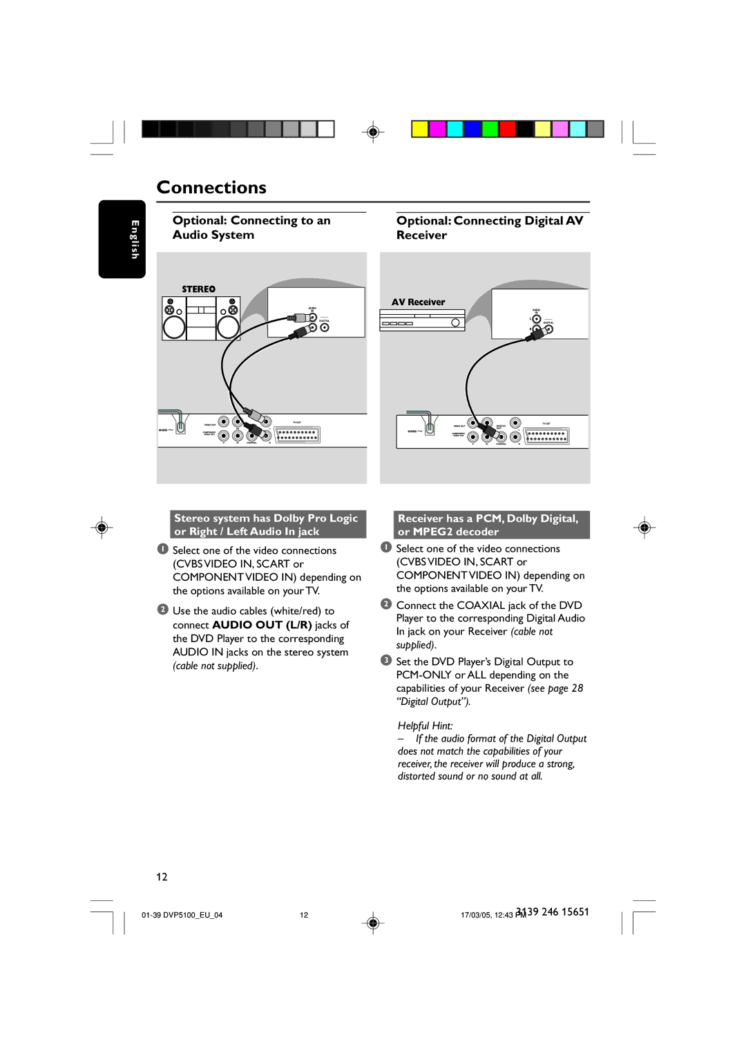 Philips DVP5100/04 user manual Optional Connecting to an Audio System, Optional Connecting Digital AV Receiver 