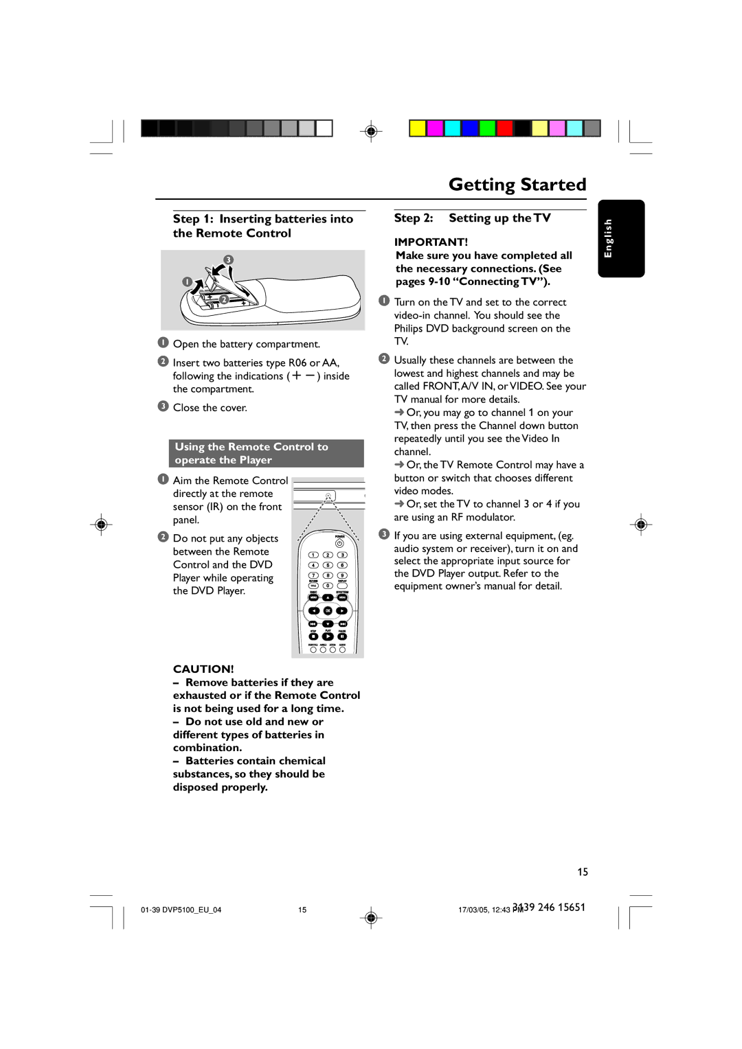 Philips DVP5100/04 user manual Getting Started, Inserting batteries into the Remote Control, Setting up the TV 